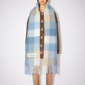 Acne Studios Checked Wool Fringe Scarf in Pastel Blue/Beige